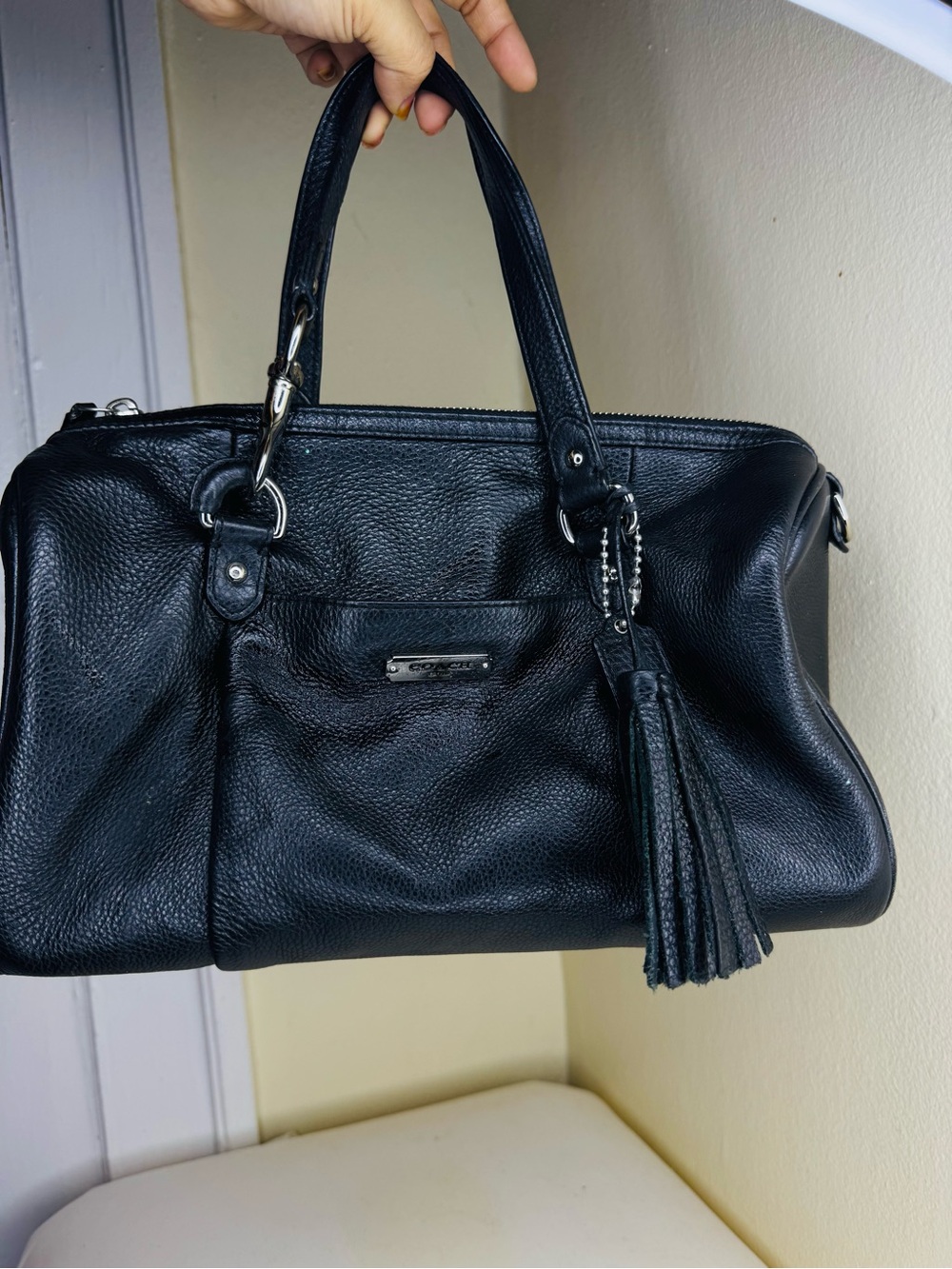 Coach Black Pebbled Leather Satchel with Tassel Accent